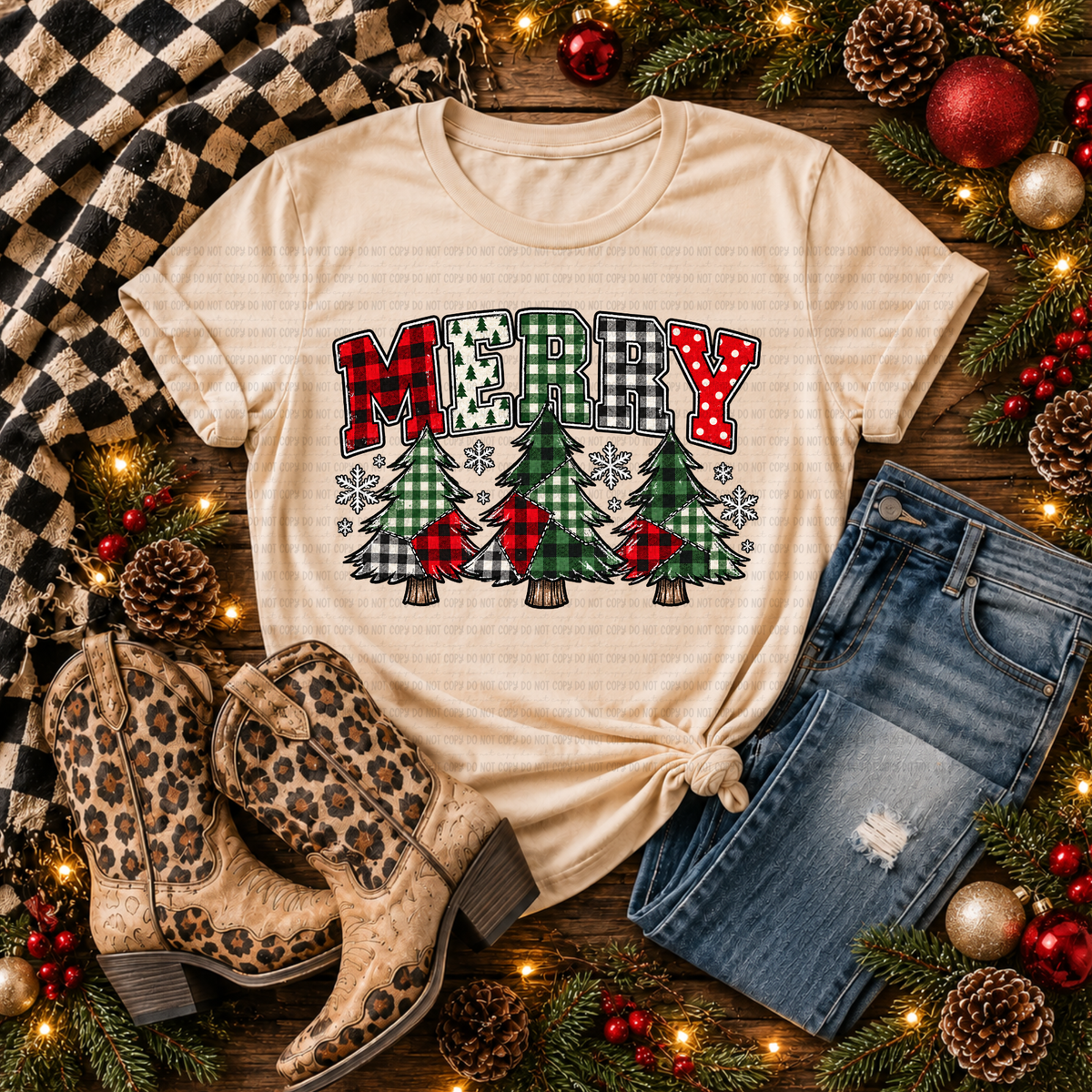 Merry with Trio Plaid Trees (Revel) DTF Transfer