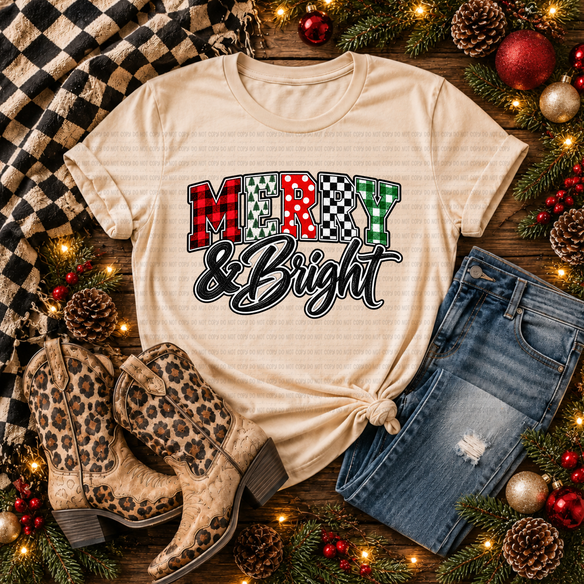 Merry & Bright - Plaid and Tree Font (Revel) DTF Transfer