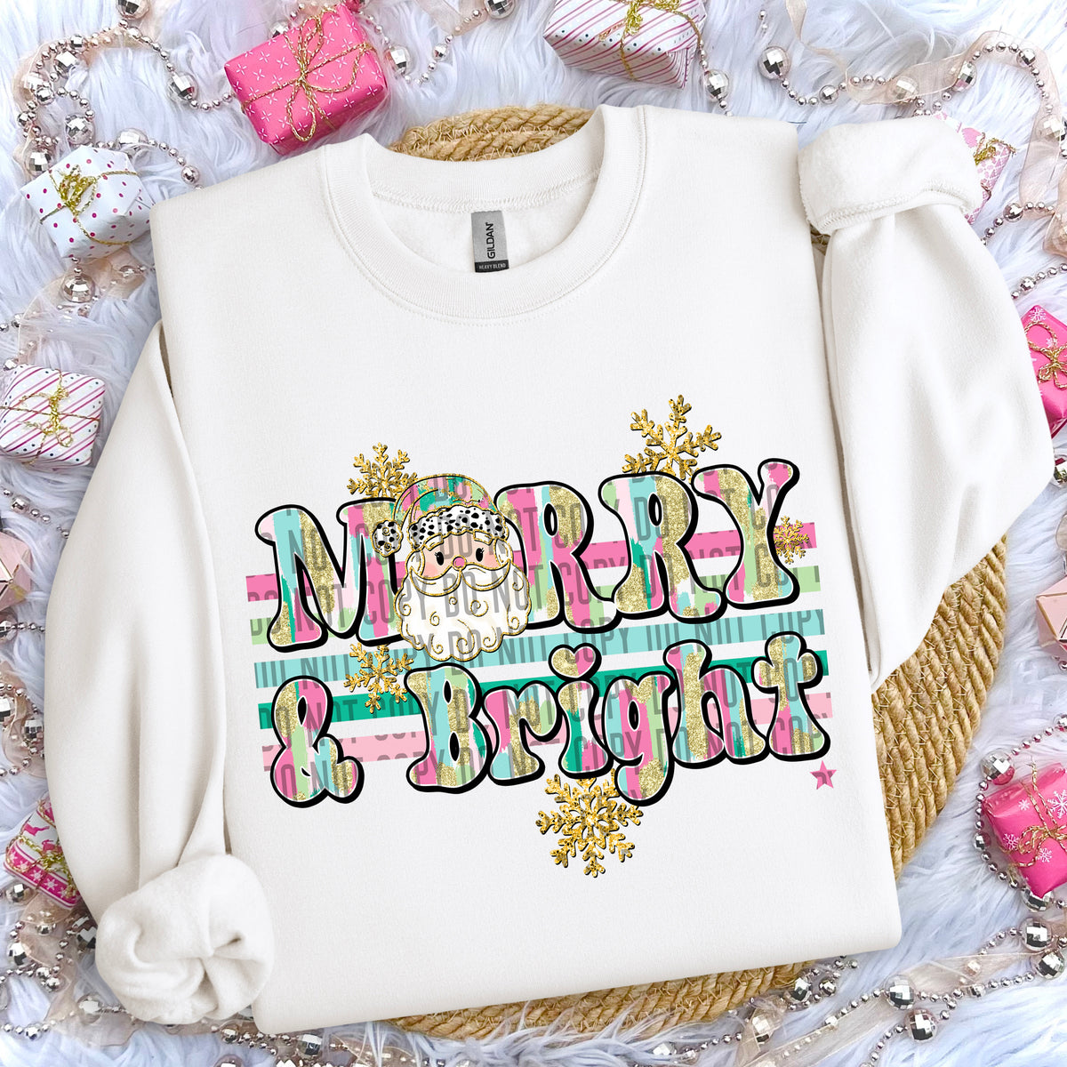 Merry and Bright Light Santa Gold Snowflakes 69163 DTF transfer