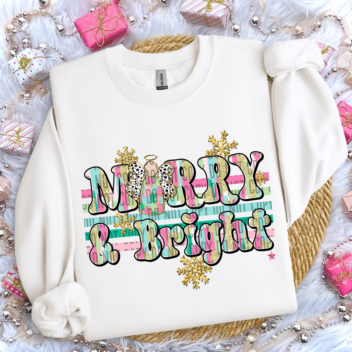 Merry and Bright Angel Gold Snowflakes 69153 DTF transfer