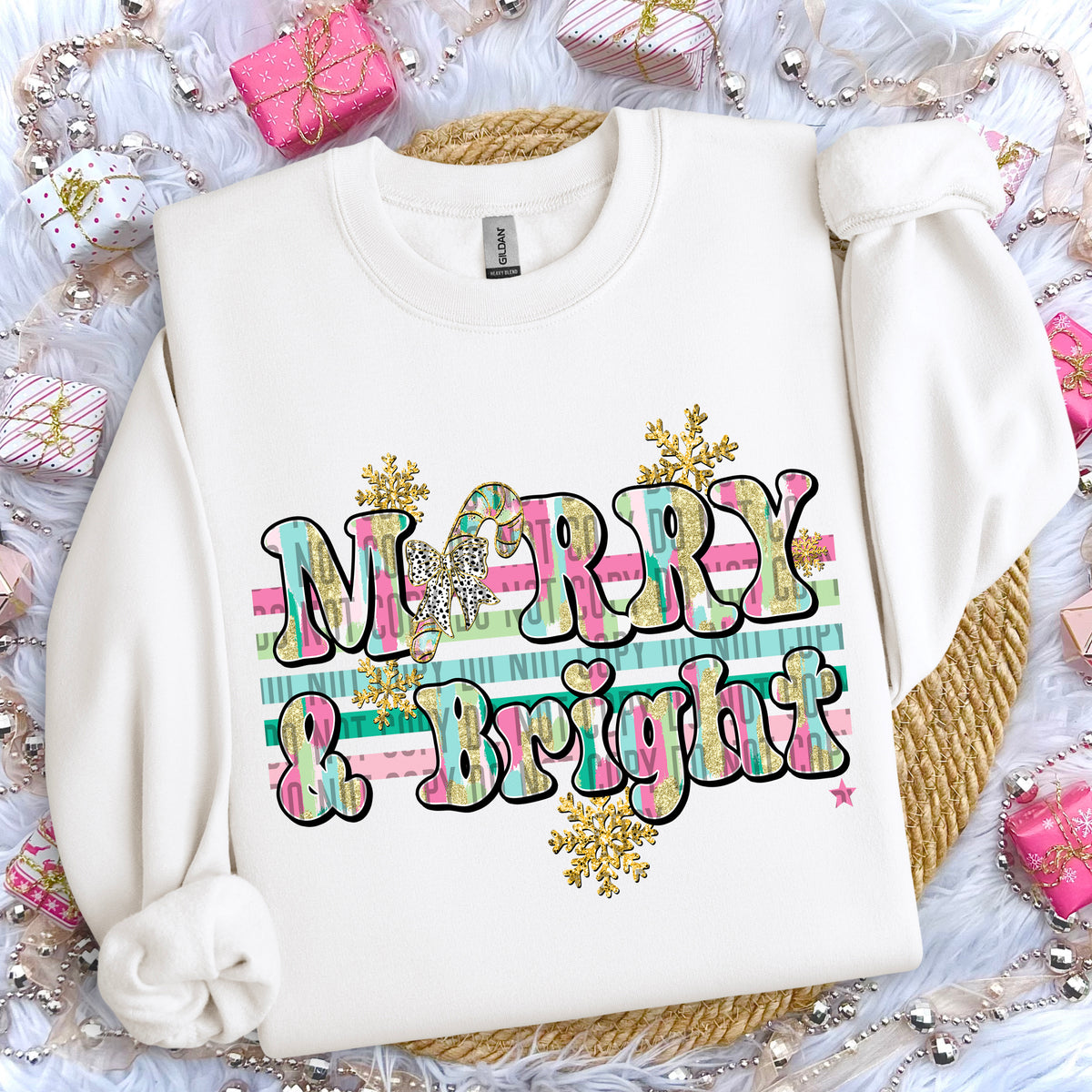 Merry and Bright Candy Cane Gold Snowflakes 69156 DTF transfer