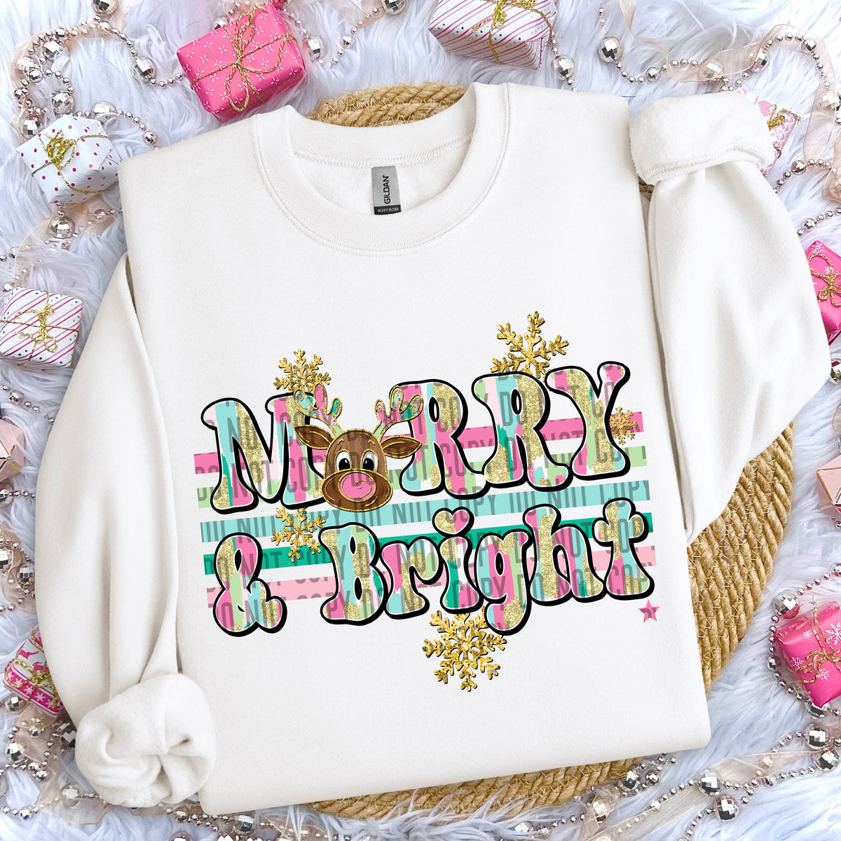 Merry and Bright Reindeer Gold Snowflakes 69158 DTF transfer