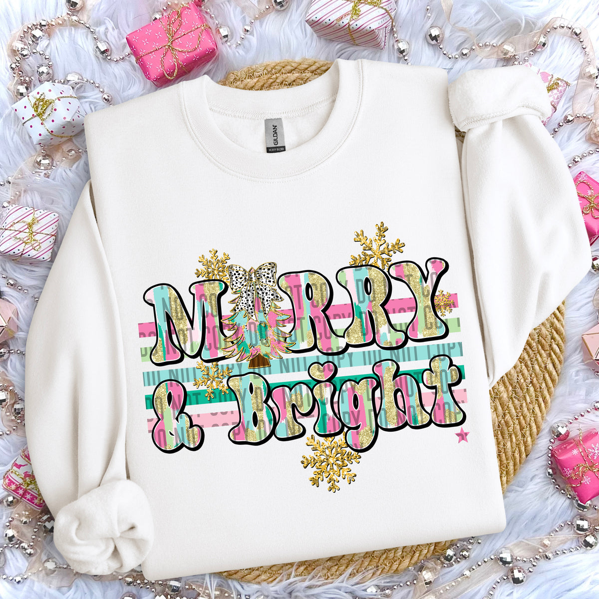 Merry and Bright Christmas Tree Bow 69164 DTF transfer