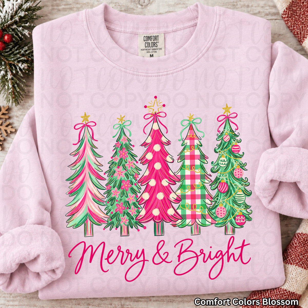 Merry and Bright with 4 pink and green trees  (UAC) DTF Transfer