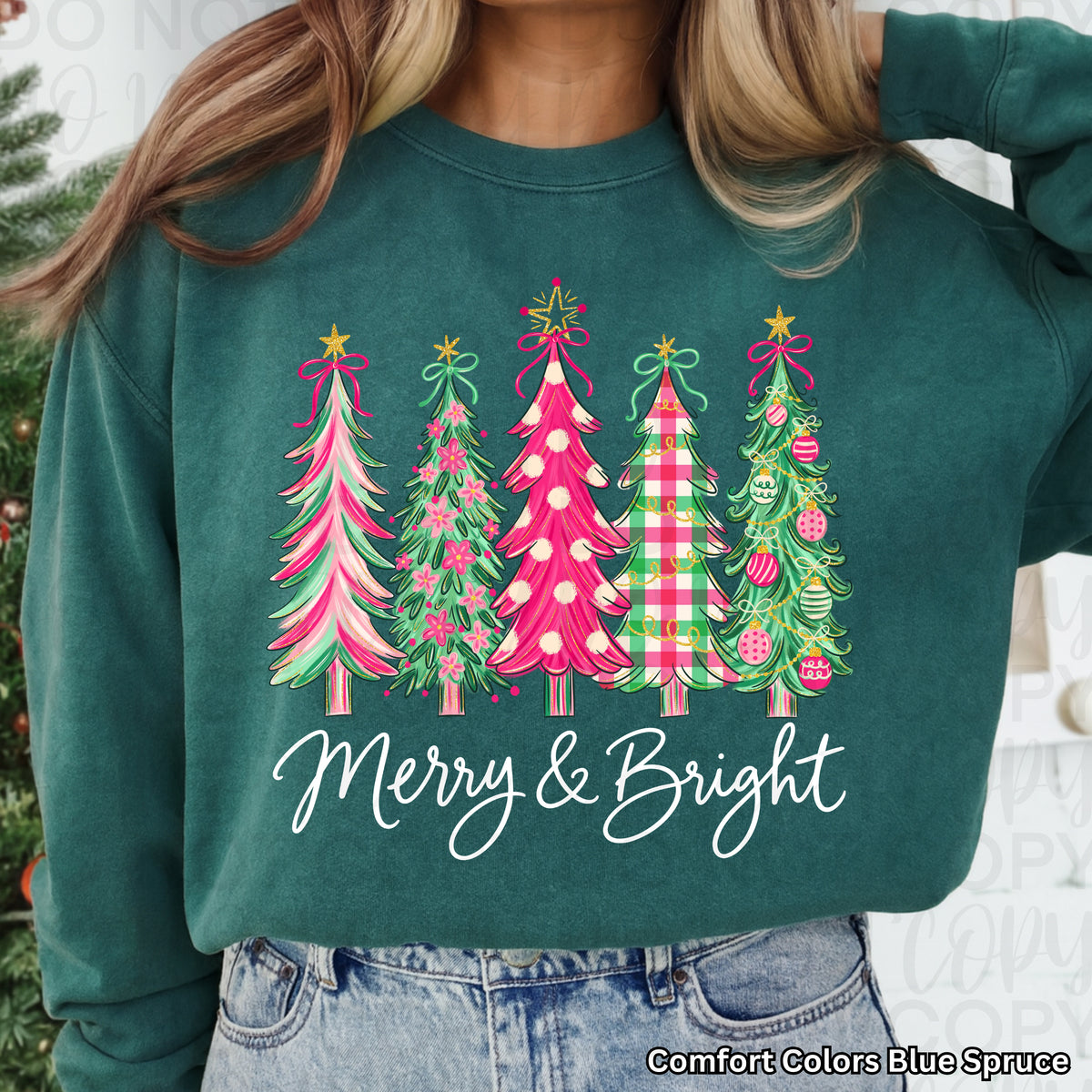 Merry and Bright (WHITE FONT) with 4 pink and green trees (UAC) DTF Transfer
