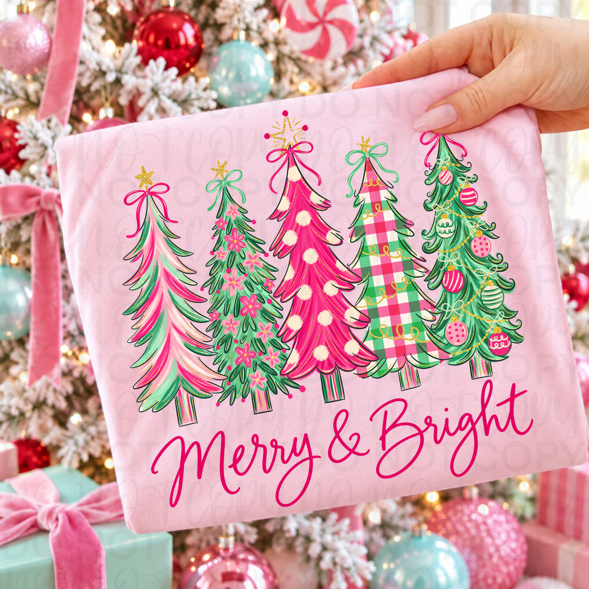 Merry and Bright with 4 pink and green trees  (UAC) DTF Transfer