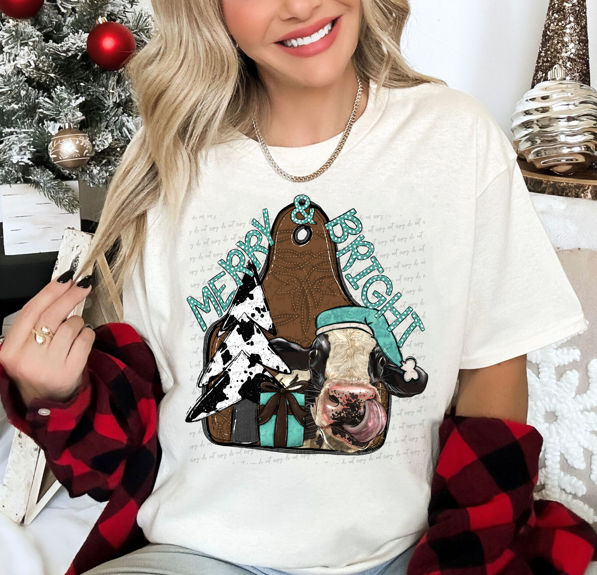Merry and Bright Cow Western Tree 114929 DTF Transfer