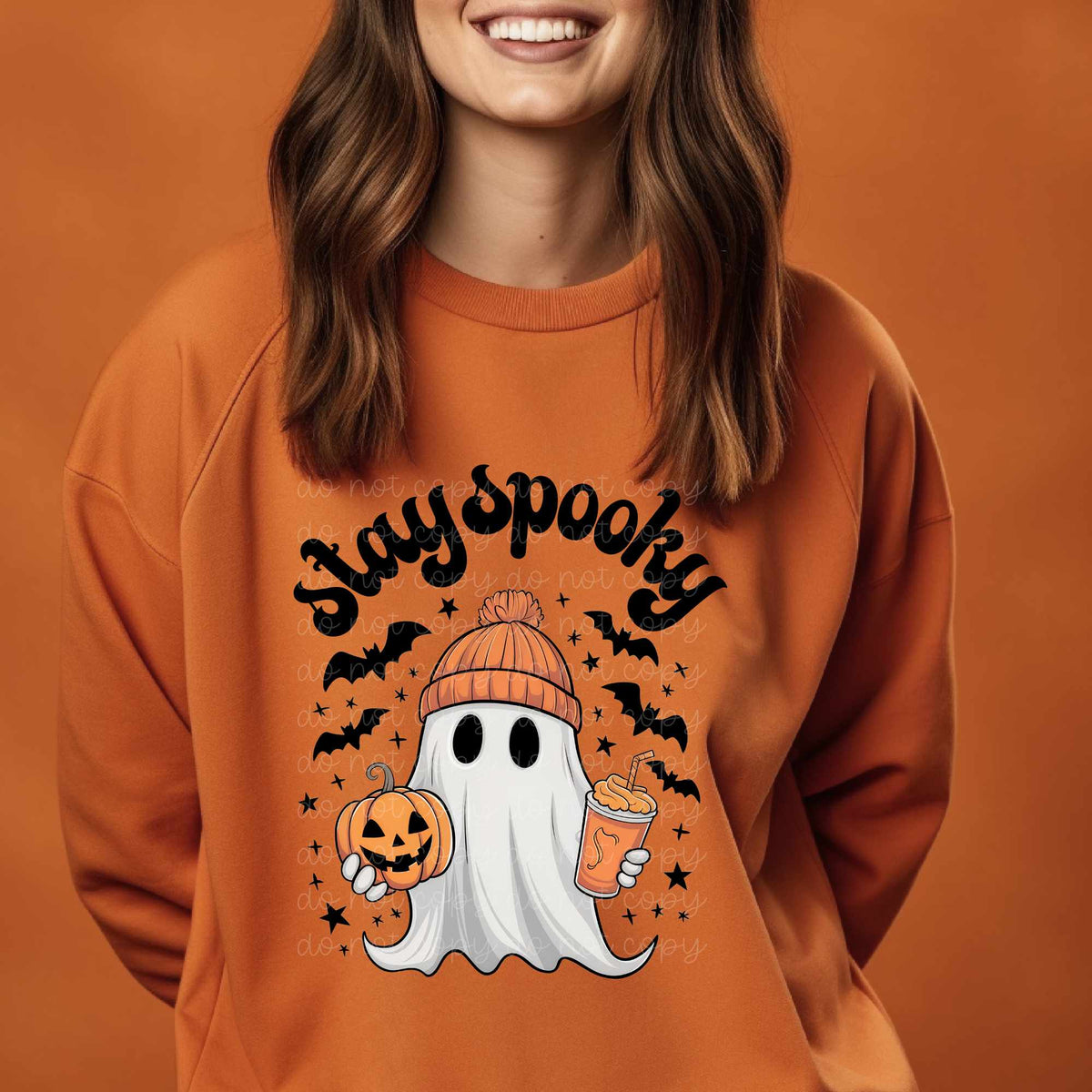 Stay spooky ghost holding latte and pumpkin DTF transfer