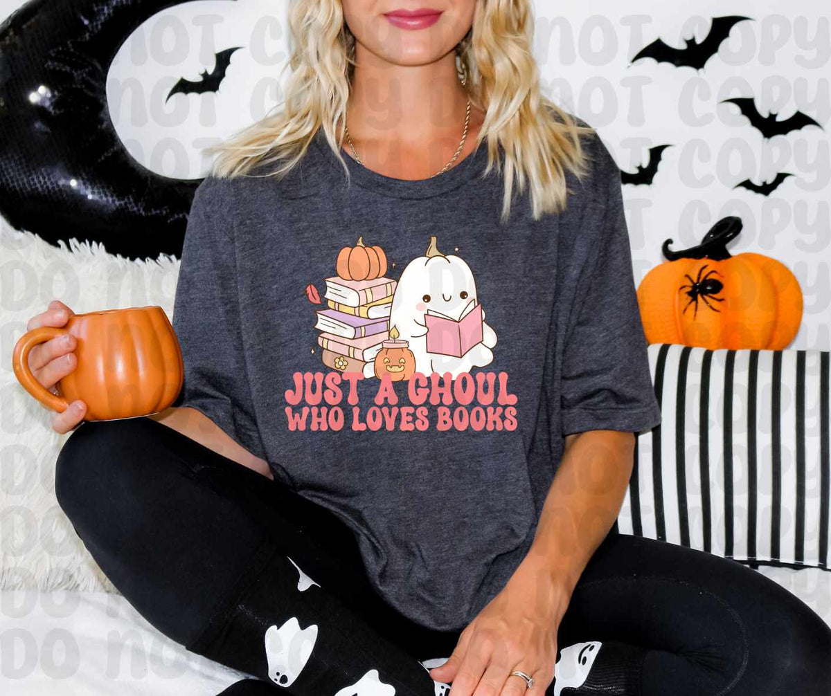Just a Ghoul who loves books pumpkin ghost reading DTF transfer