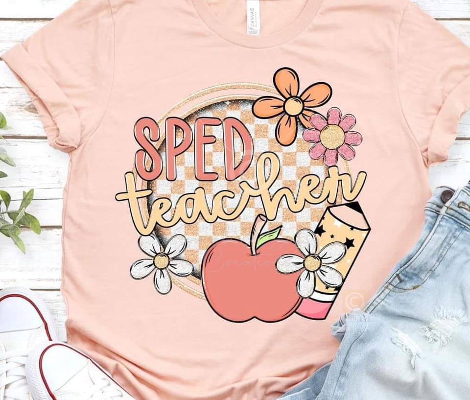 Sped teacher circle with apple and pencil DTF TRANSFER