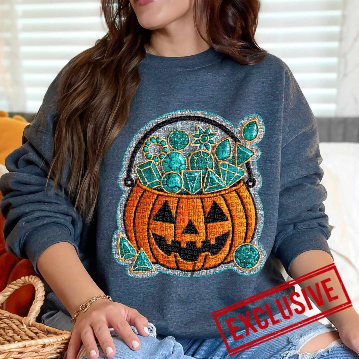 Pumpkin bucket with turquoise gems 43774 DTF transfer