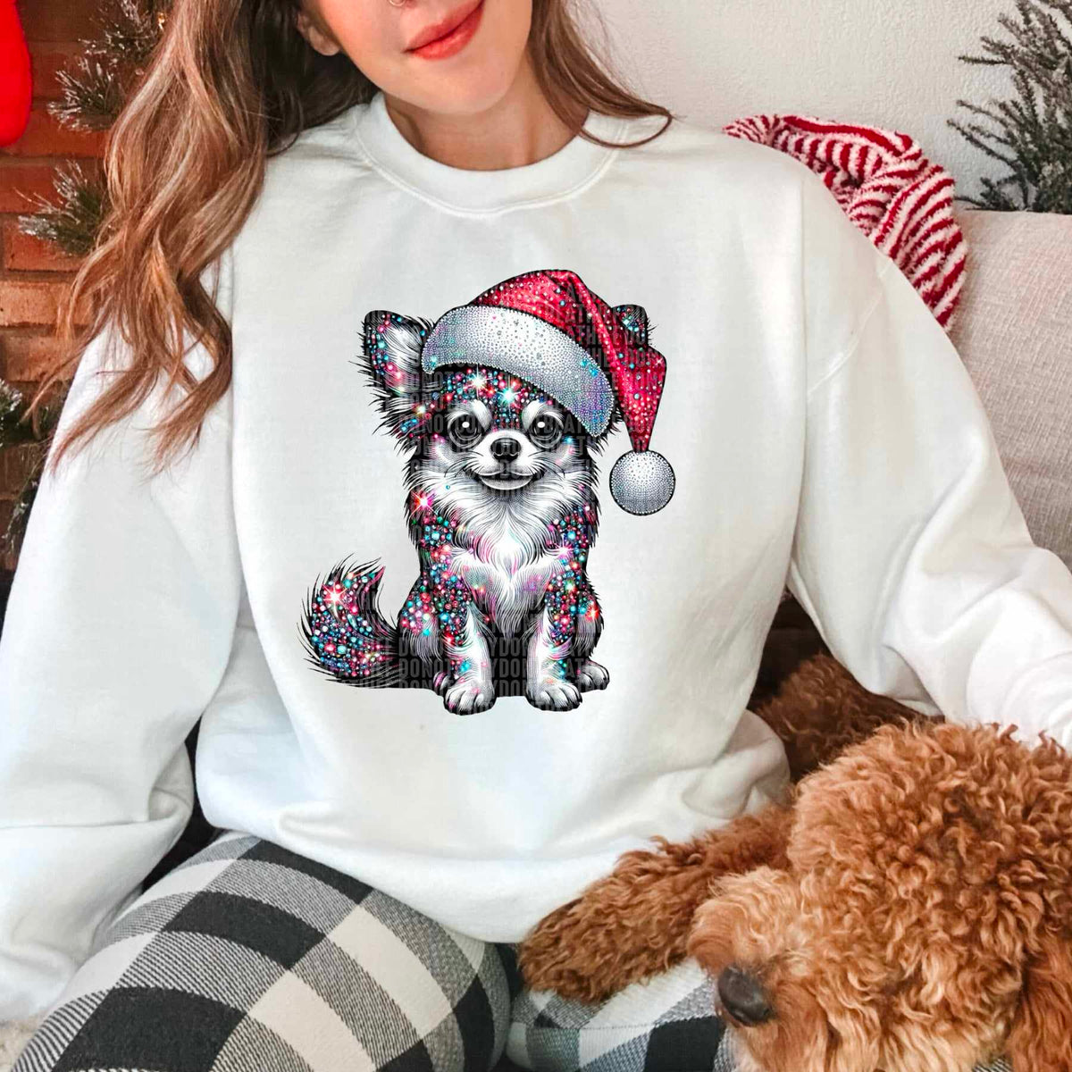 Rhinestone long haired chihuahua santa hat 44803 DTF transfer