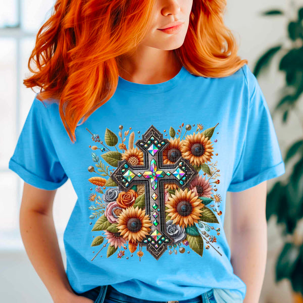 Rhinestone cross with sunflowers 44004 DTF transfer