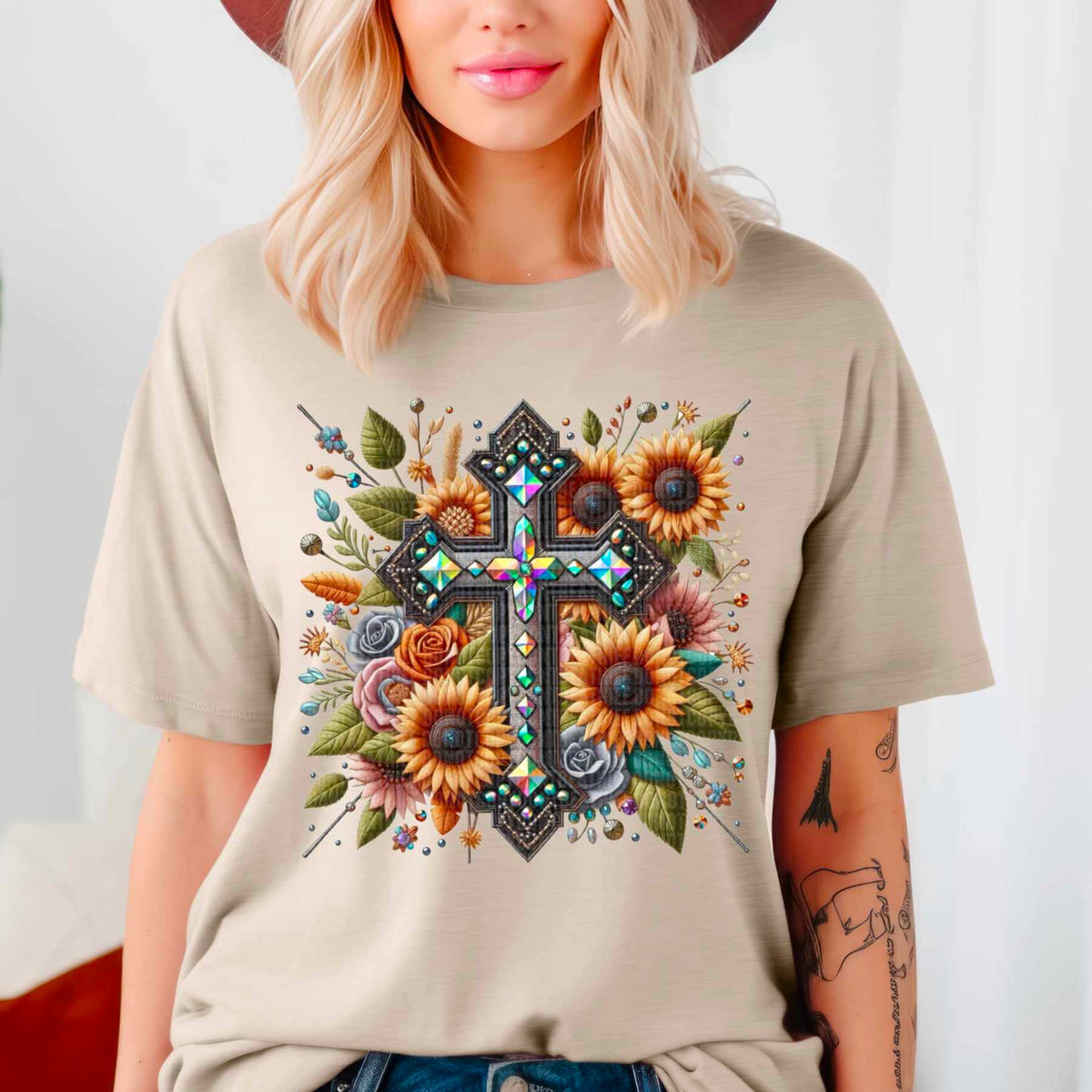 Rhinestone cross with sunflowers 44004 DTF transfer