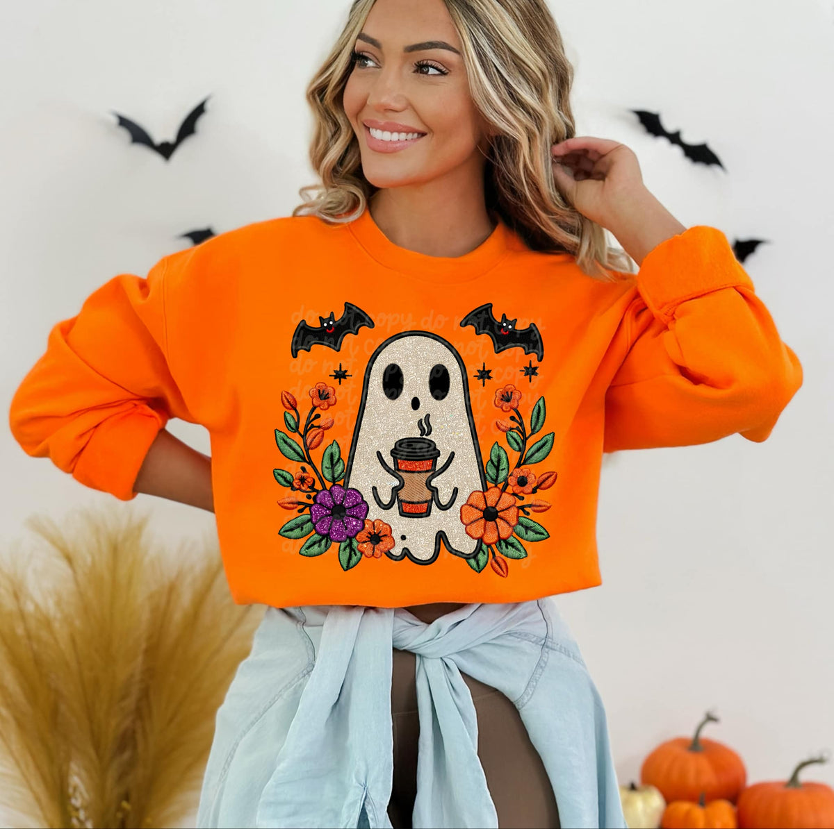 Ghost holding coffee florals and bats exclusive DTF transfer