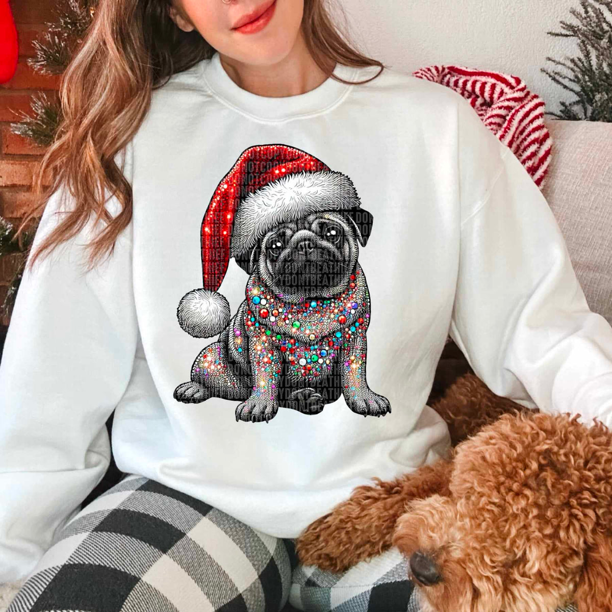 Rhinestone pug santa hat 44797 DTF transfer