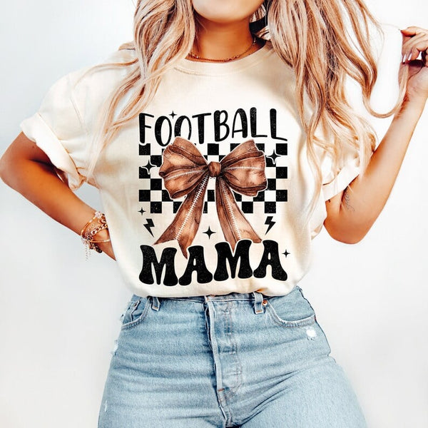 Football mama brown bow checkered background 43979 DTF TRANSFER