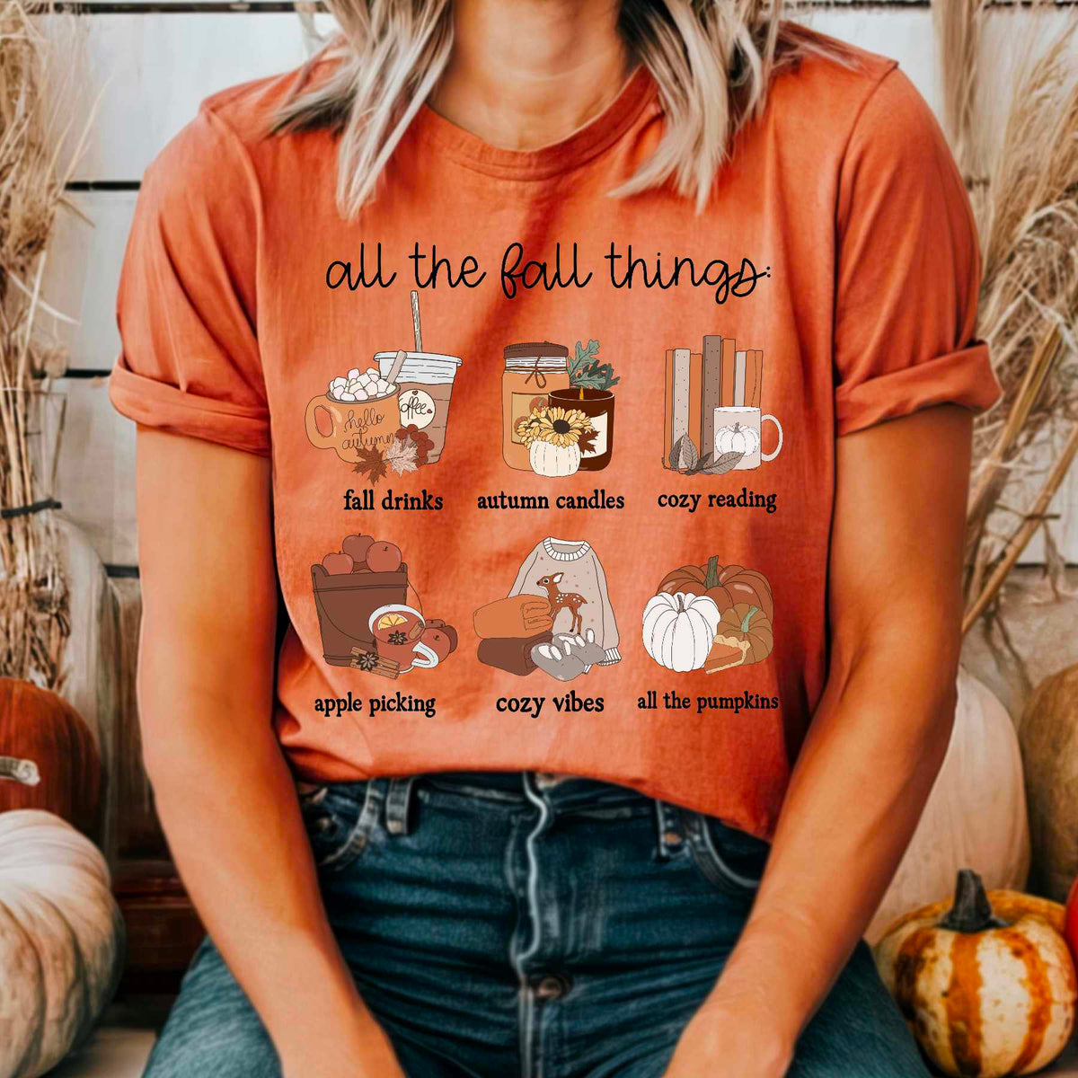 All the fall things drinks candles books collage DTF transfer