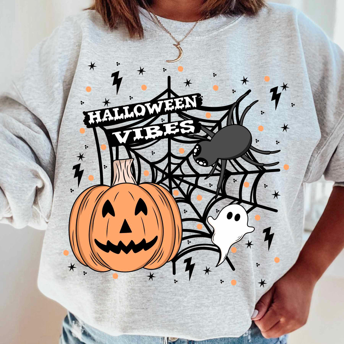 Halloween vibes pumpkin ghost spider and web DTF transfer