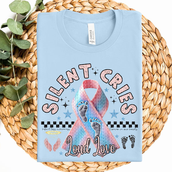 Silent fries loud love blue and pink embroidery ribbon DTF TRANSFER