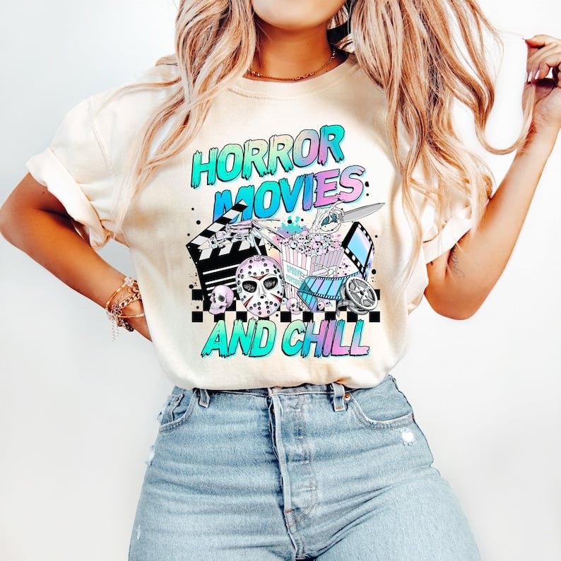 Horror movies and chill colorful font 43991 DTF transfer