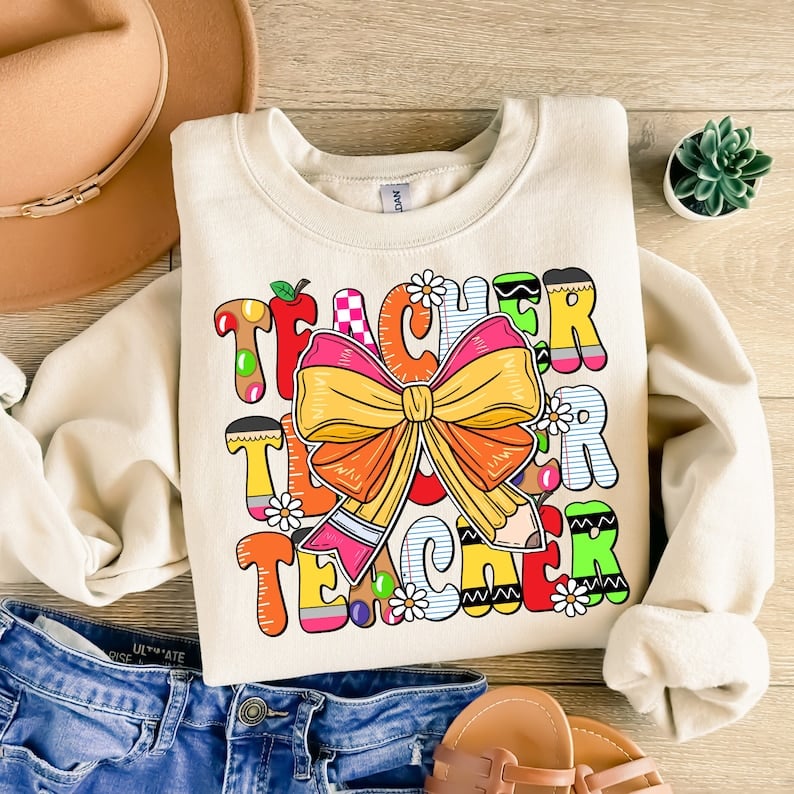 Teacher stacked with bow 43995 DTF transfer