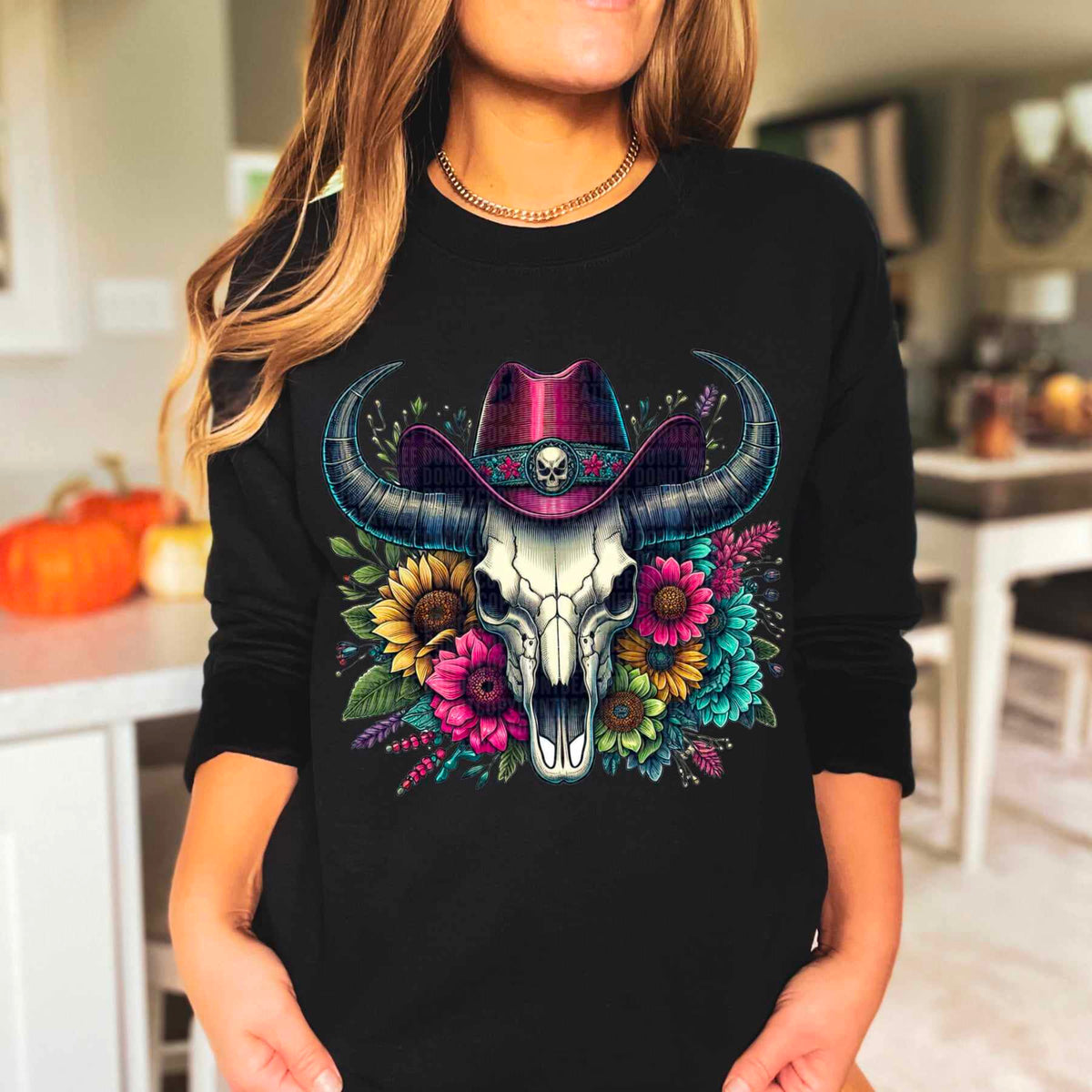 Bull skull with pink hat and flowers 44006 DTF transfer