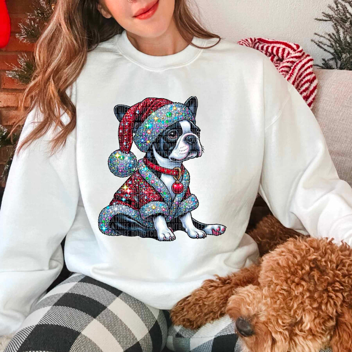 Rhinestone Boston terrier santa hat 44798 DTF transfer