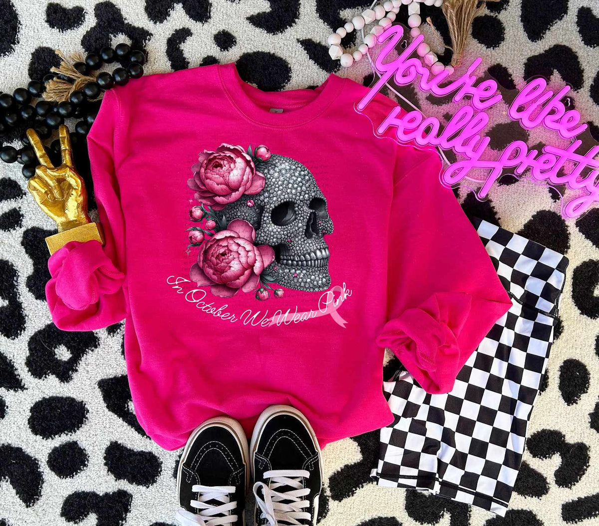 In october we wear pink rhinestone skull (looking sideways) 41197 DTF TRANSFER