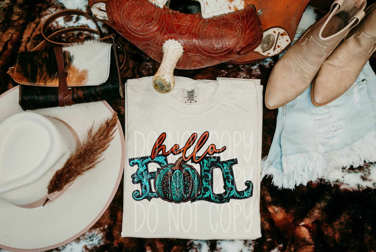 Hello fall teal 43211 DTF transfer
