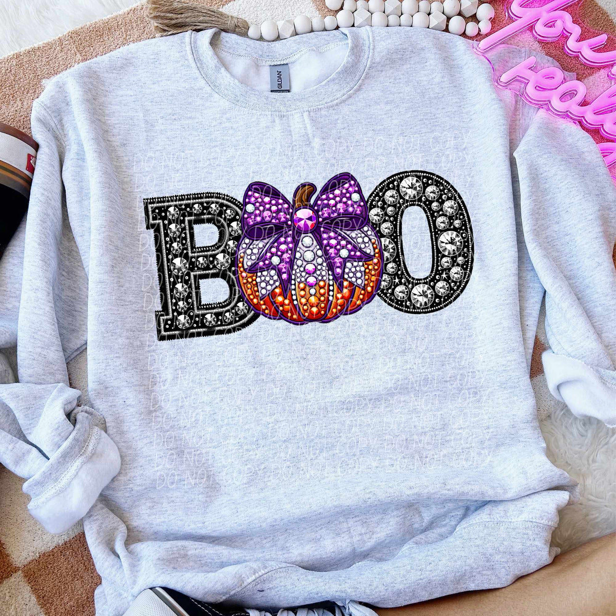 Boo pumpkin with purple bow rhinestone (CITY) 43108 DTF transfer
