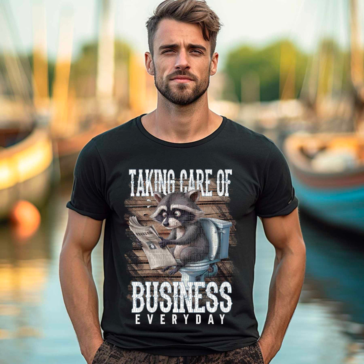 Taking care of business everyday raccoon white font 41579 DTF transfer