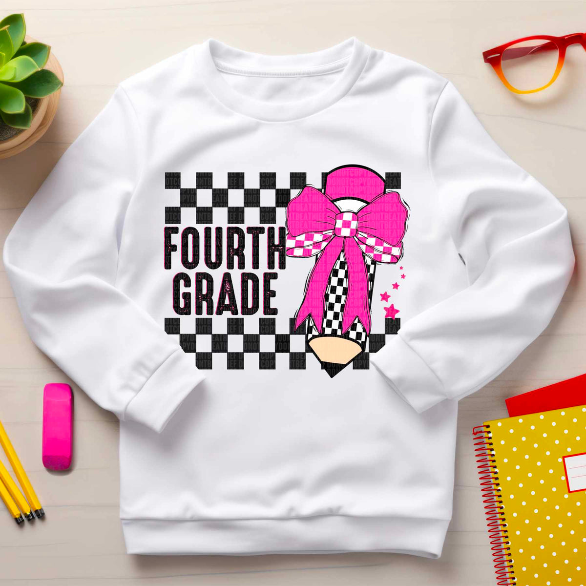Fourth grade checkered pencil pink bow 41651 DTF transfer