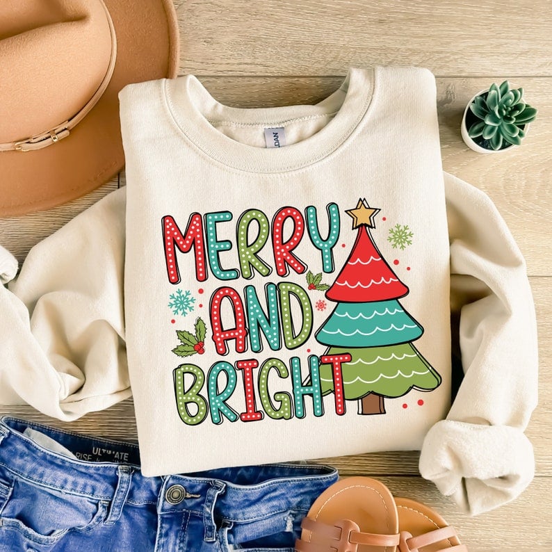 Merry and bright red blue green tree 43014 DTF transfers