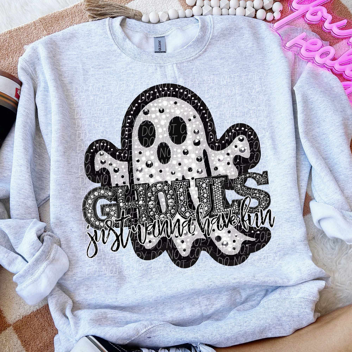 Ghouls just wanna have fun rhinestone white ghost (CITY) 43092 DTF transfer