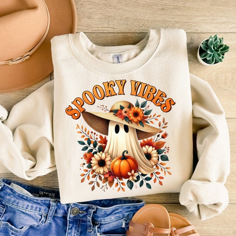 Spooky vibes ghost with sunhat 43034 DTF transfers