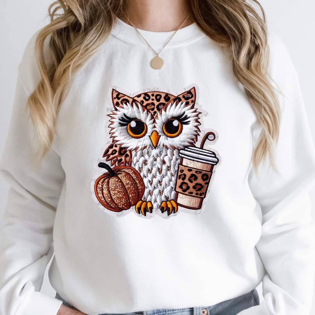 Embroidered owl with pumpkin and latte 41903 DTF transfer
