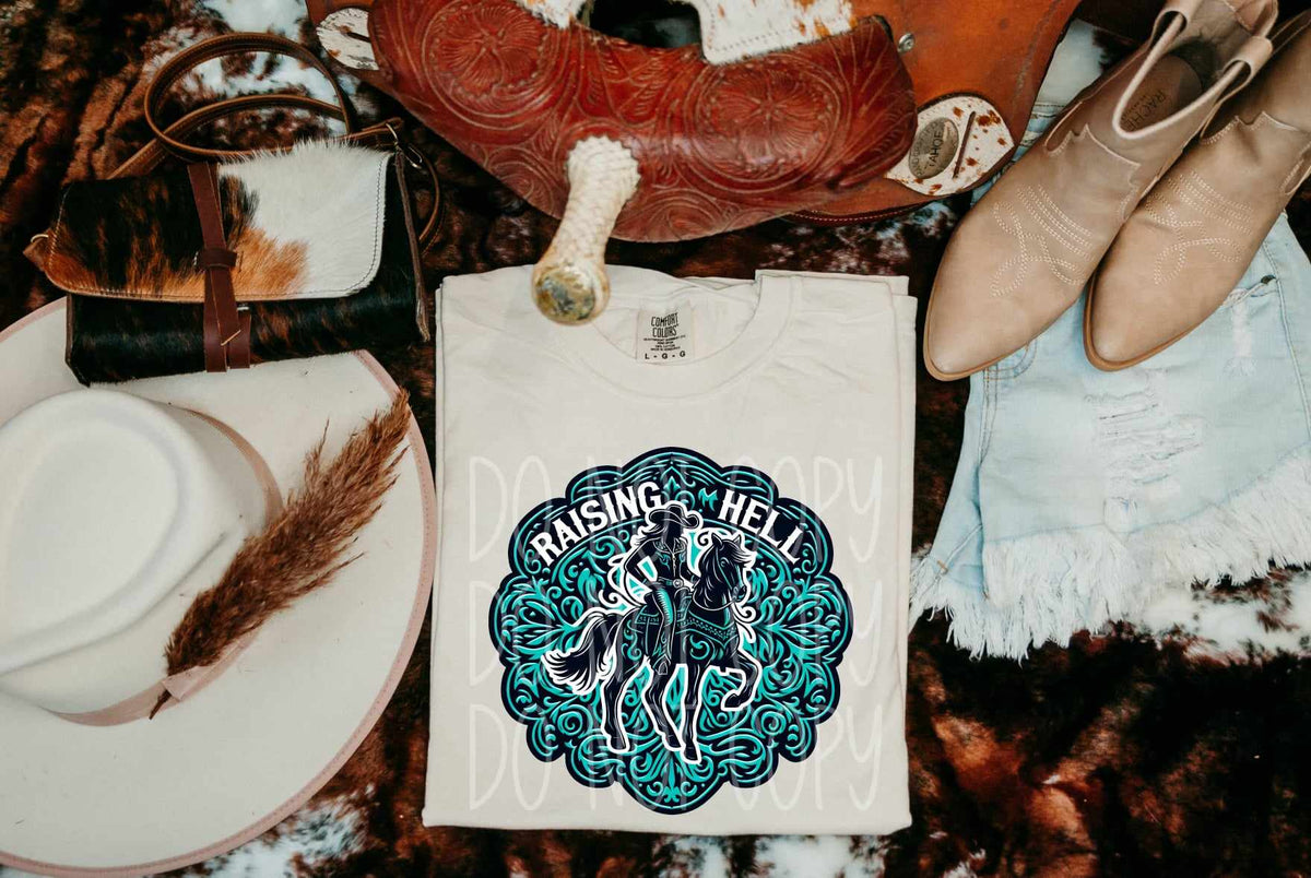 Raising hell teal 43203 DTF transfer