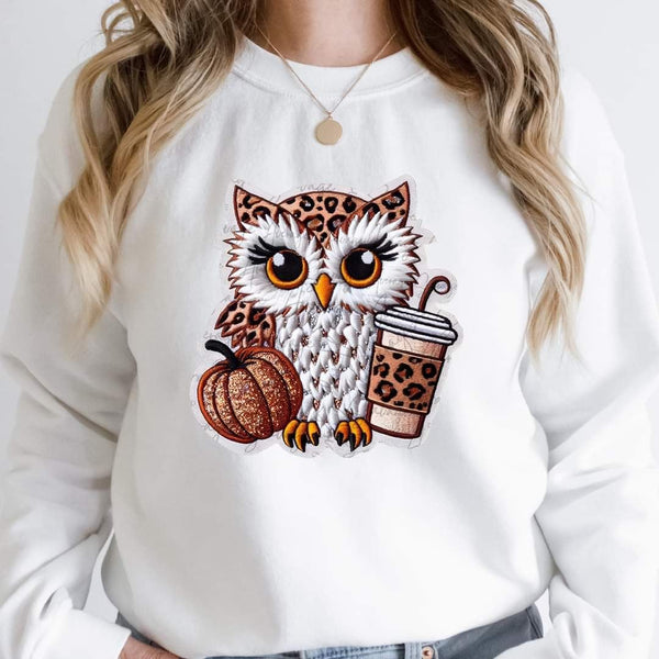 Embroidered owl with pumpkin and latte 41903 DTF transfer