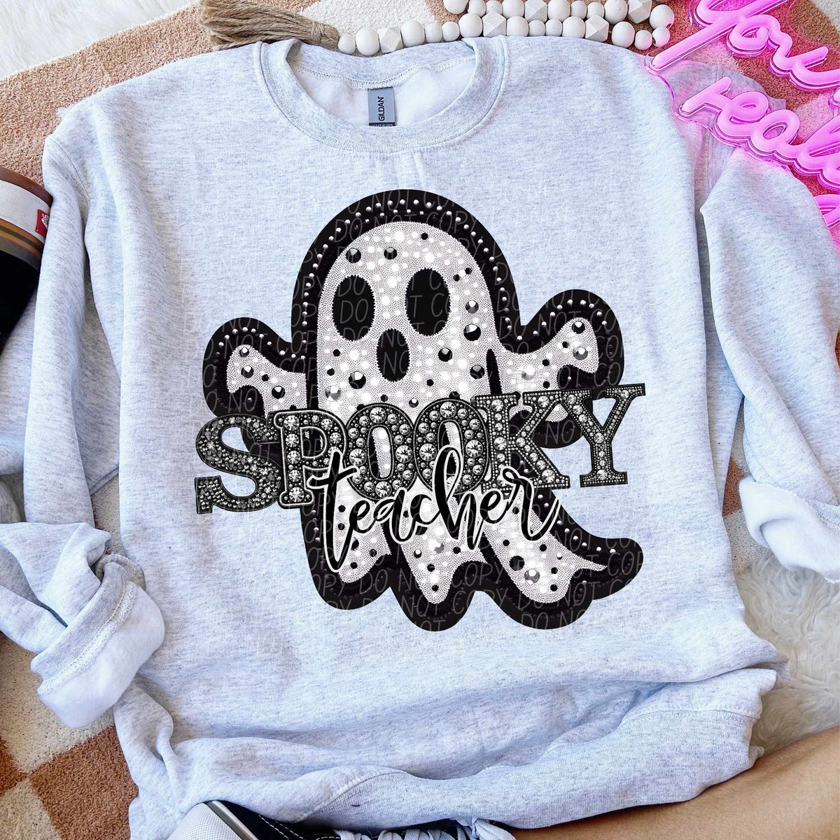 Spooky teacher rhinestone white ghost (CITY) 43085 DTF transfer