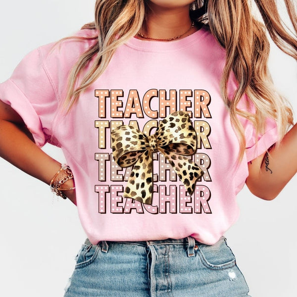 Teacher stacked leopard bow 41947 DTF transfer