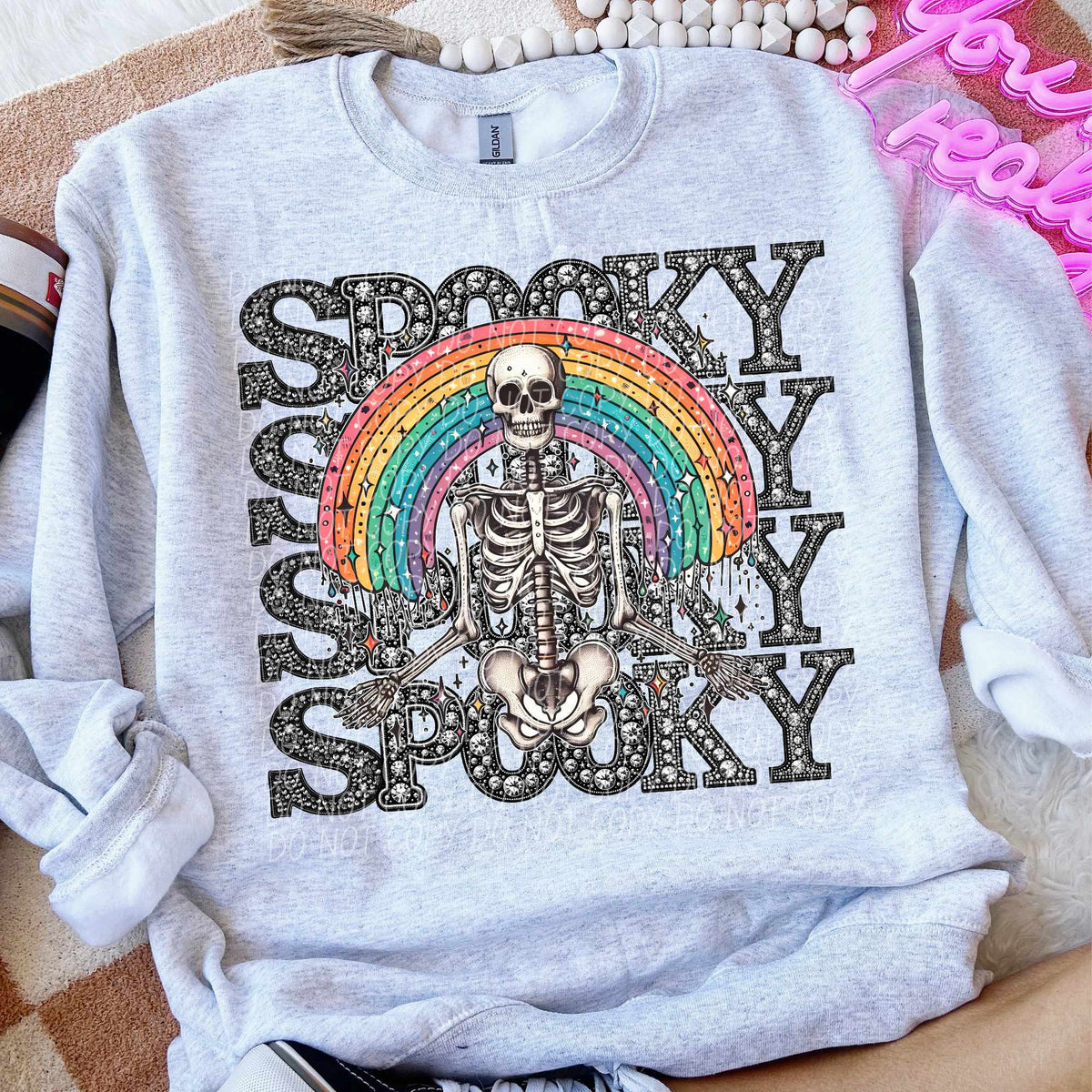 Spooky stacked skellie with rainbow rhinestone (CITY) 43099 DTF transfer
