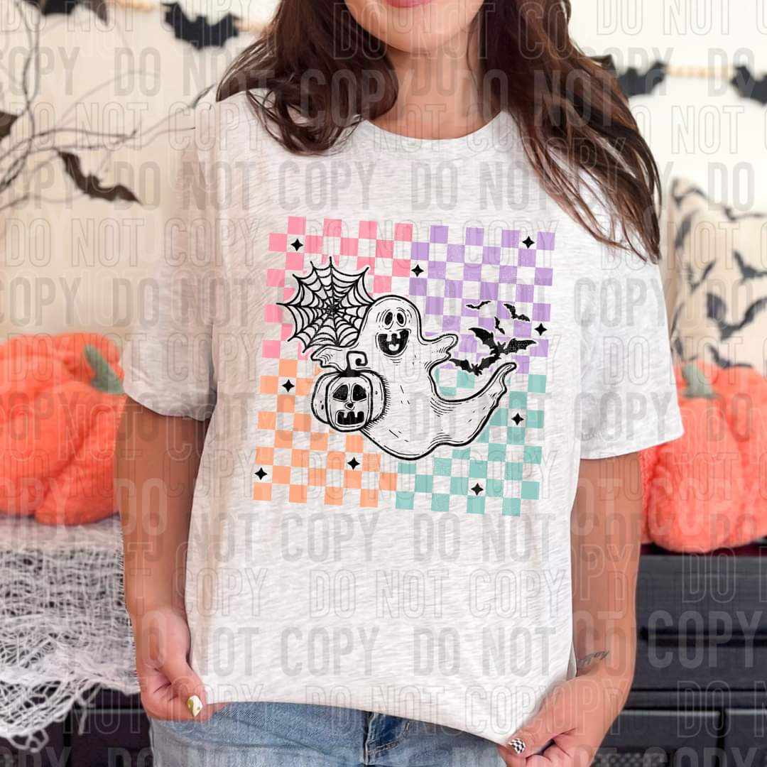 Ghost with colorful checkered background (SBB) 43278 DTF transfer