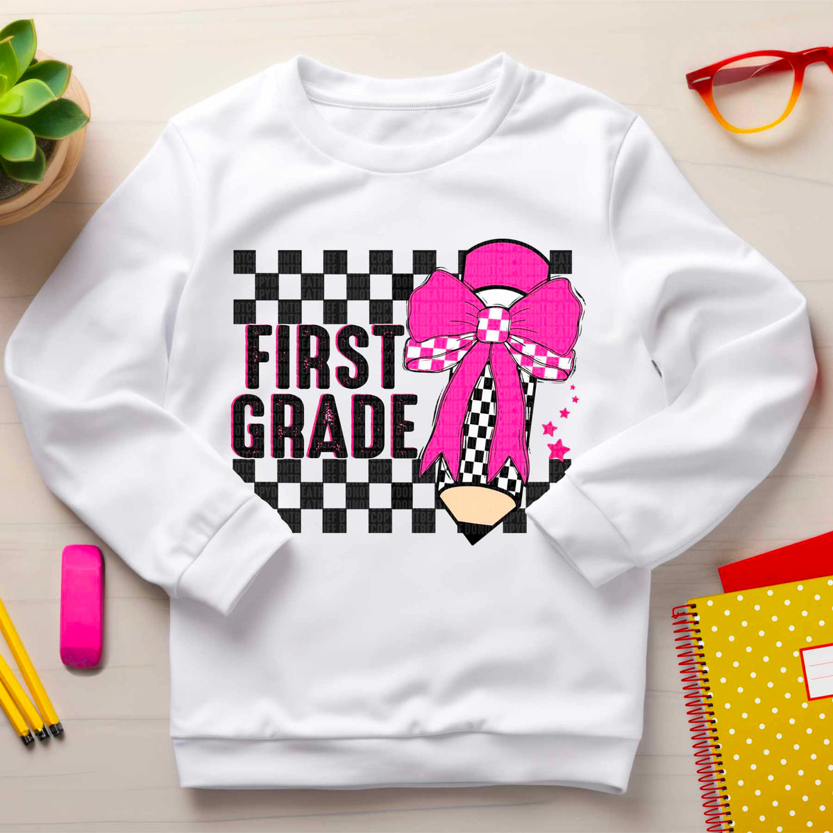 First grade checkered pencil pink bow 41650 DTF transfer