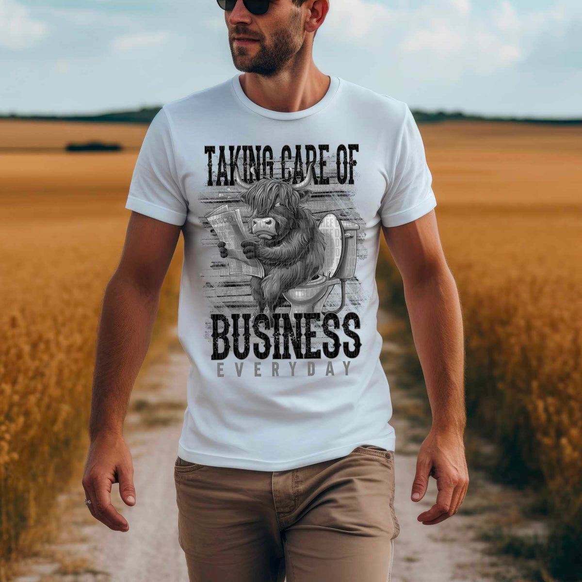 Taking care of business everyday shaggy cow no color black font 41589 DTF transfer