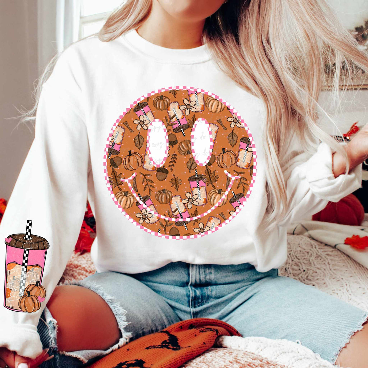 Fall filled happy face pink lattes WHITE EYES FRONT (VIRGO) 39954 DTF Transfer