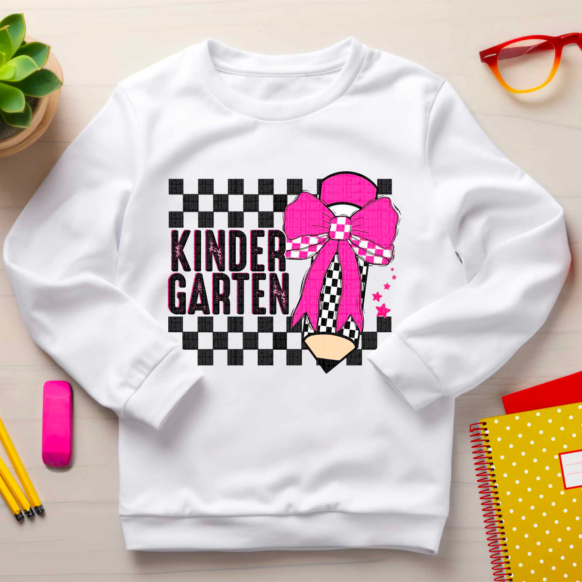 Kindergarten checkered pencil pink bow 41655 DTF transfer
