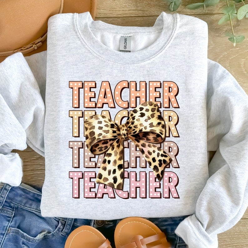 Teacher stacked leopard bow 41947 DTF transfer
