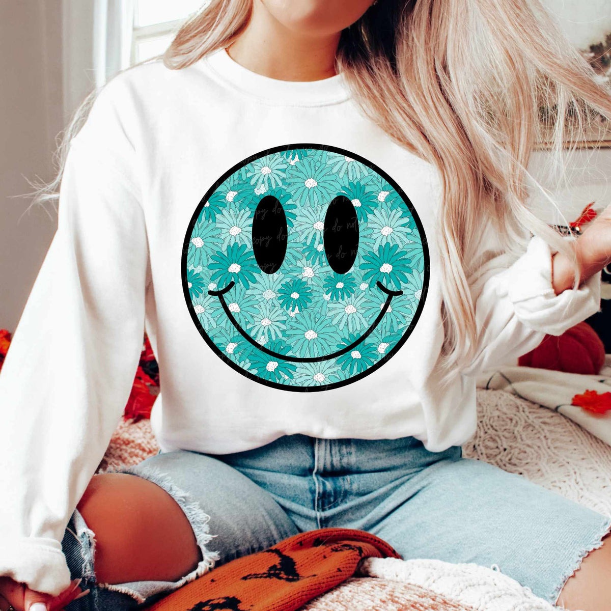 Blue floral happy face (VIRGO) 39950 DTF Transfer