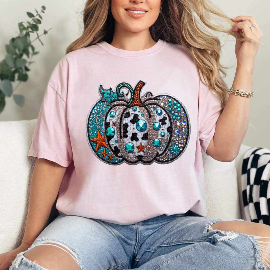 Embroidered pumpkin with jewls COW PRINT (HW) 43226 DTF transfers